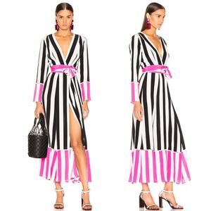 We Are Leone Dress Silk Contrast Maxi Cardigan Striped Belted Long Sleeve S/M